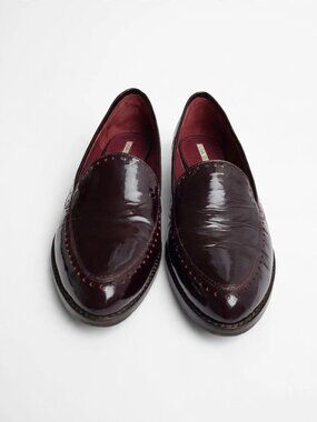 Via Spiga Burgundy Patent Leather Loafers, Brogue Detail, Size 6M